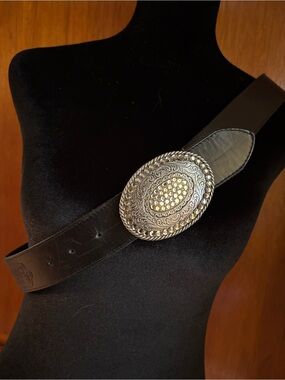 Black Leather Belt with Silver Oval Rhinestone Buckle 41